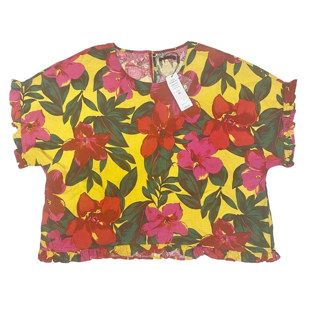 For Cynthia Tropical Floral Top Slk Women's Plus Size 3X Yellow Linen Blend
